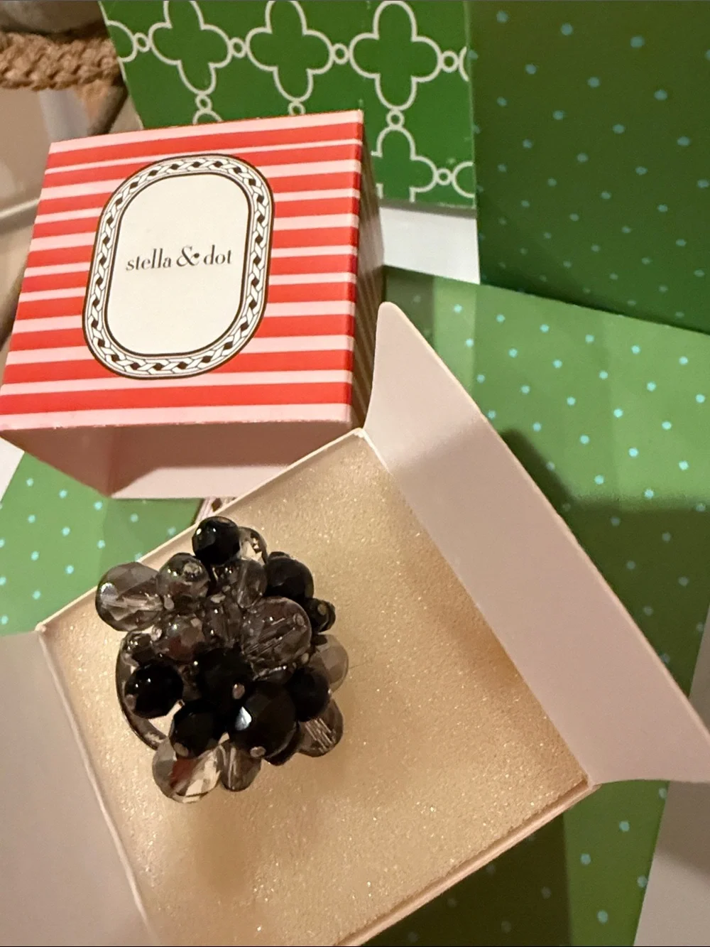 Stella & Dot Black and Smoke Cluster Beaded Ring